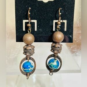 Hand Crafted Elegant Copper and Blue Globe Like Dangle Earrings